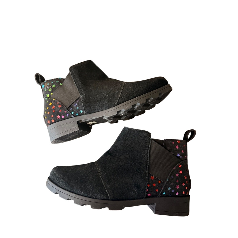 Sorel Kids Emelie Chelsea Boots Black Suede Rainbow Foil Stars NY3880-010 Size 5